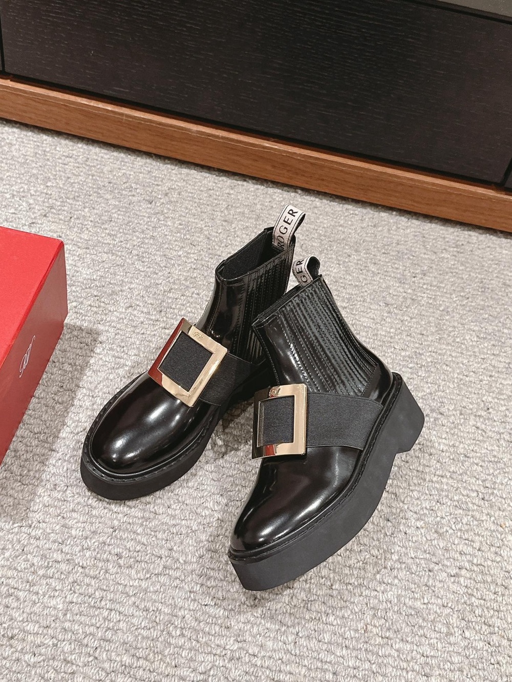 Roger Vivier Black Patent Platform Chelsea Booties with Gold Buckle
